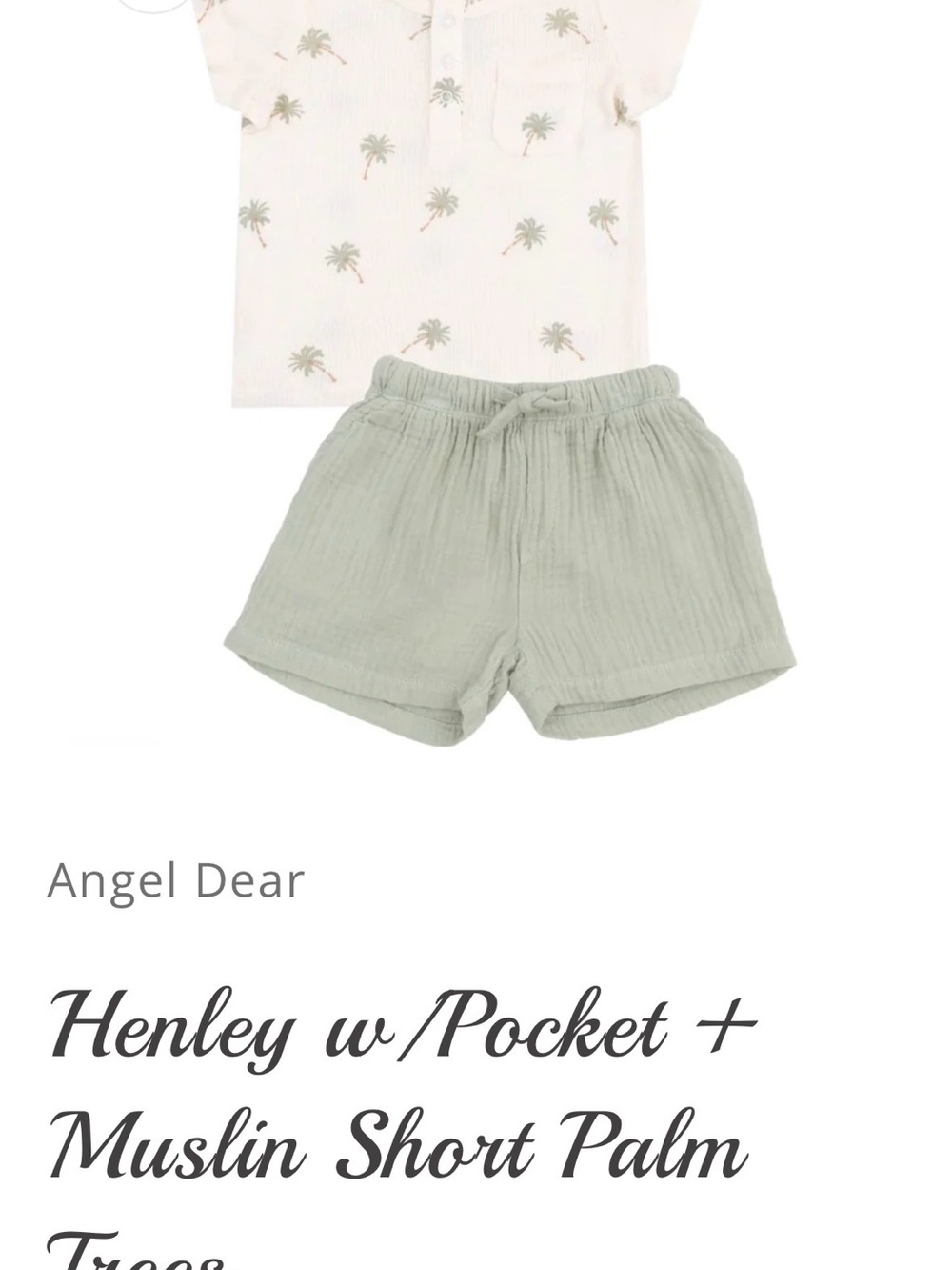 Angel Dear Sage Green Muslin Shorts & White Palm-Print Henley Set